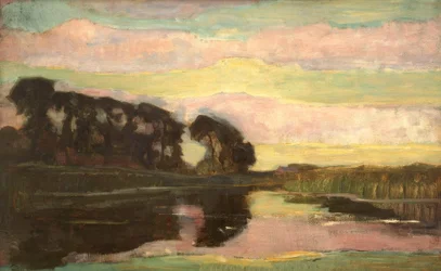 Paysage fluvial avec ciel rose et jaune-vert